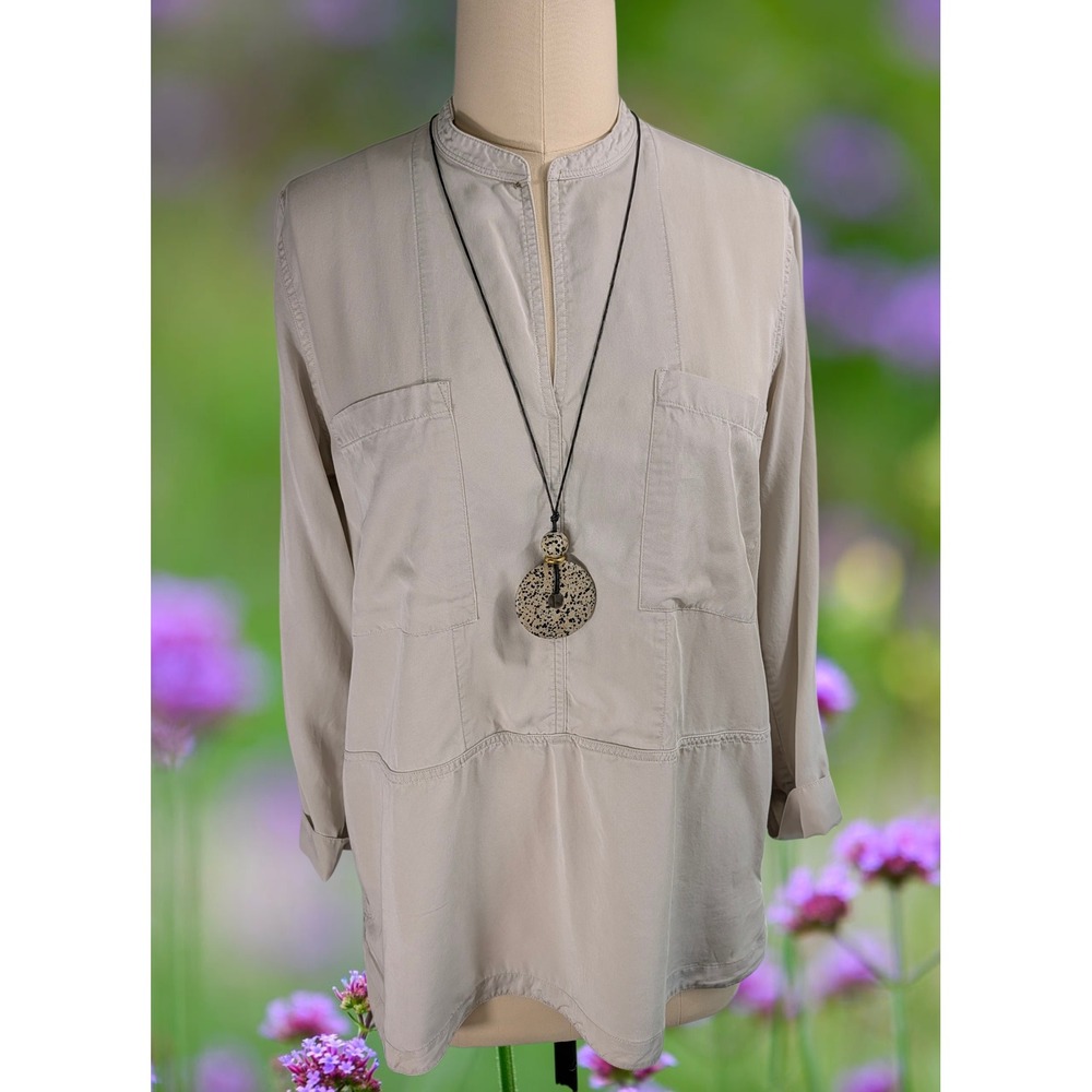 Gap Womens Sz L Khaki Tan Tencel Lyocell Minimalist Tunic Top Split Neck